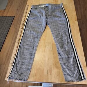 NSF 100% Cotton Plaid Pants Distressed Hem Side Stripe Size 30 Waist